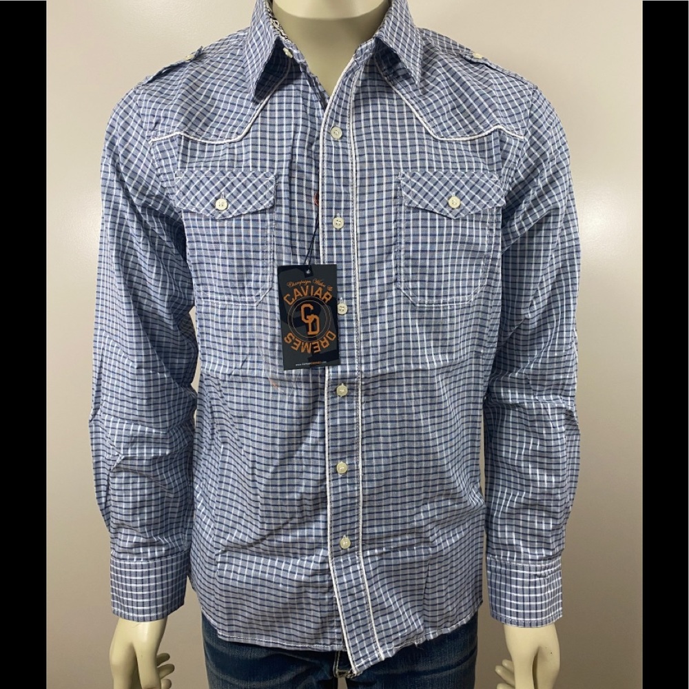 Caviar Dremes Blue Checker Long Sleeve Dress Shirt